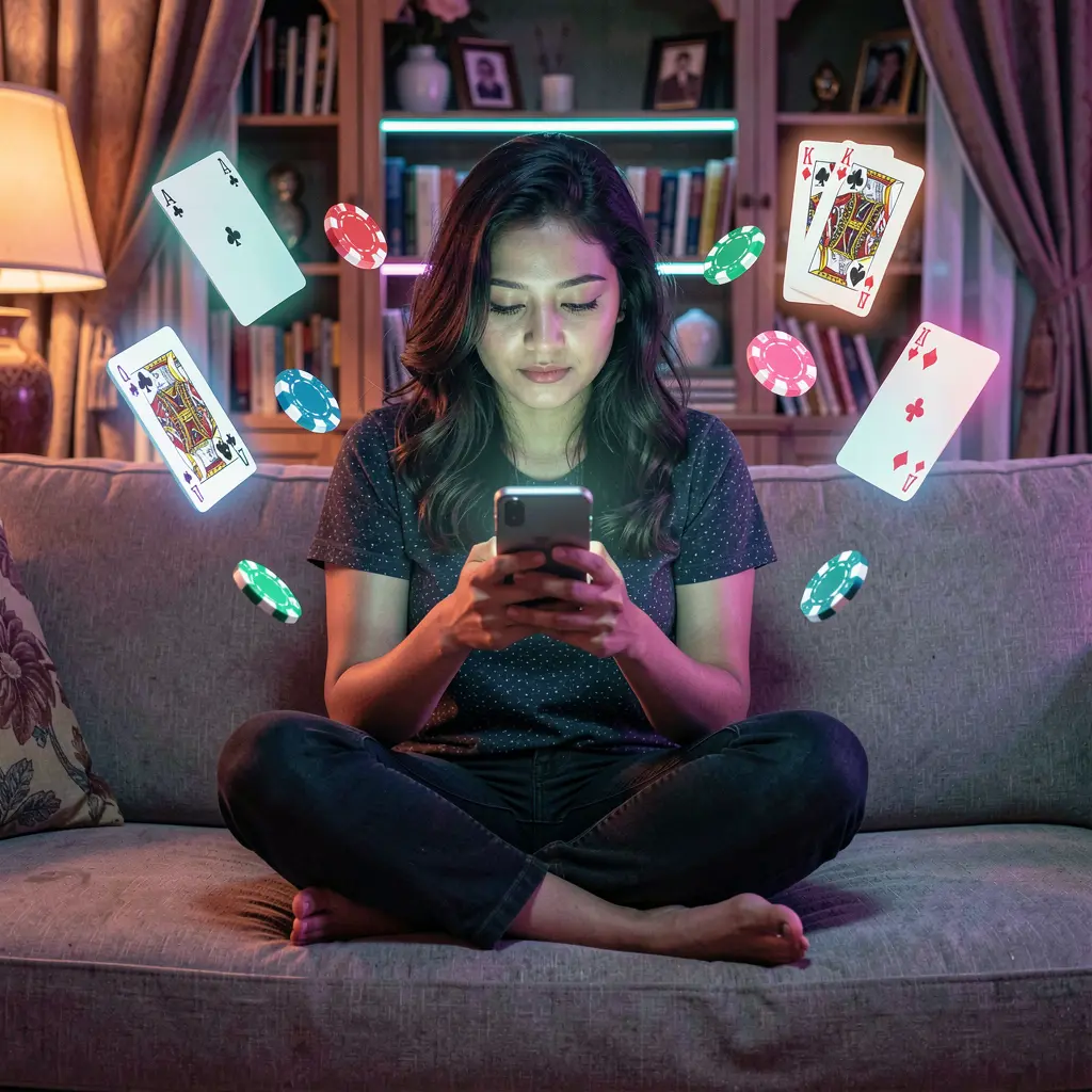 YATRI77 App – Enjoy safe and reliable mobile casino gaming in Nepal Focused Nepalese woman using the YATRI77 casino app on her smartphone with glowing cards and chips creating a secure mobile gaming mood