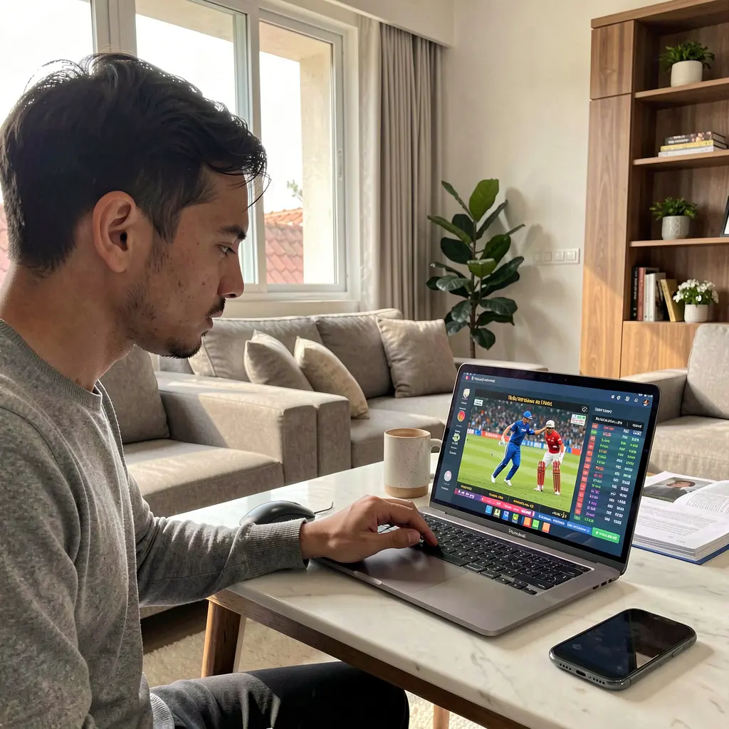 Experienced sports bettor analyzing live cricket odds and statistics on a laptop through YATRI77 in a modern home environment