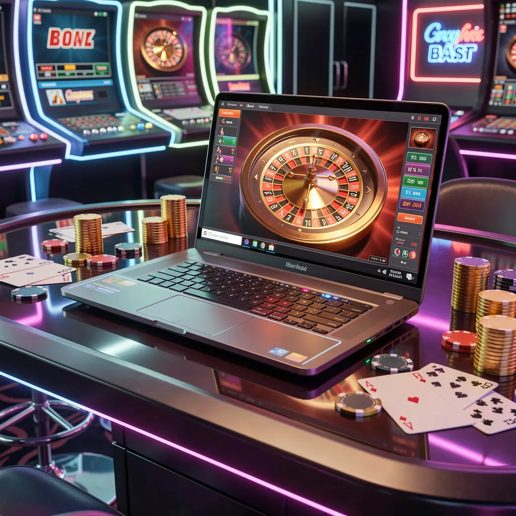 YATRI77 – Discover premium online casino entertainment in Nepal Modern casino laptop setup with roulette gameplay, poker chips and stacks of gold coins symbolizing winning opportunities at YATRI77 online casino in Nepal