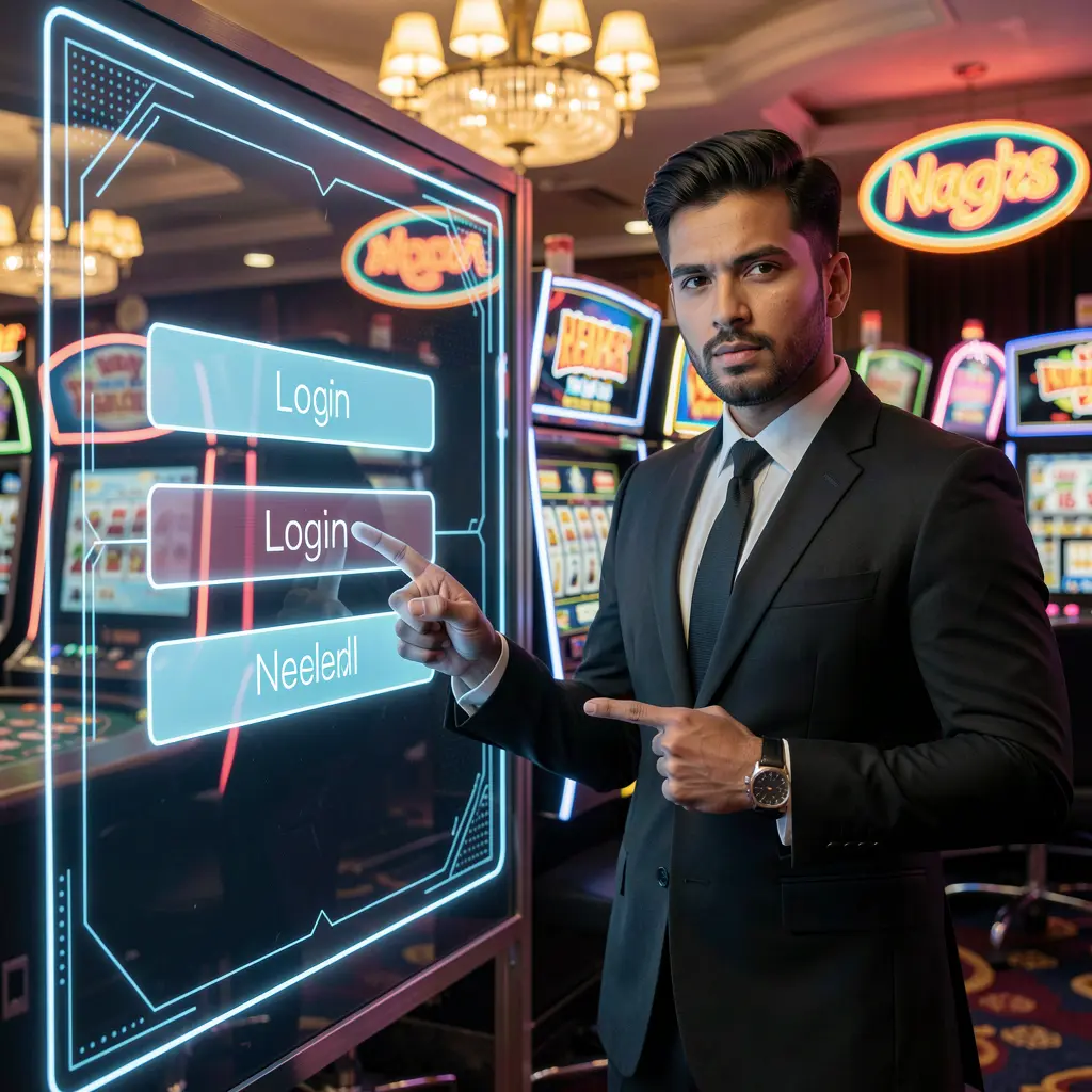 YATRI77 Login – Fast and secure account access for players in Nepal Elegant YATRI77 casino ambassador from Nepal pointing at a futuristic digital login interface with neon lights symbolizing secure access